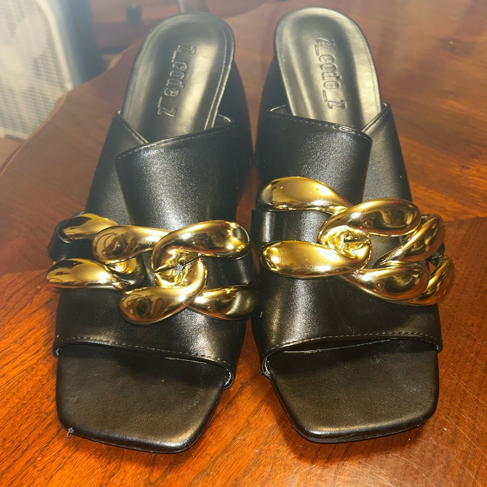 Black Vegan Leather Block Heel Square Toe Mules with Chain Detail
